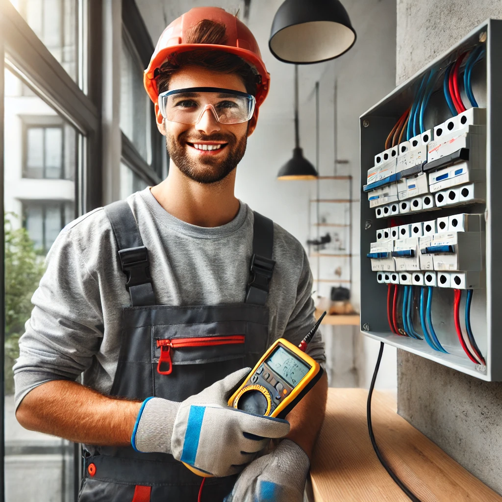 Electricista profesional reparando una instalación eléctrica